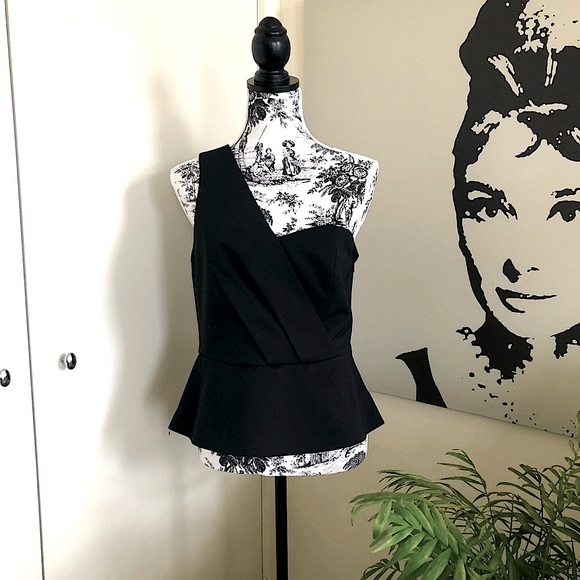 SABA Matte Black One Shoulder Top Glam Peplum Cotton Fit&Flare Lined Size 12 NWT - Picture 4 of 16